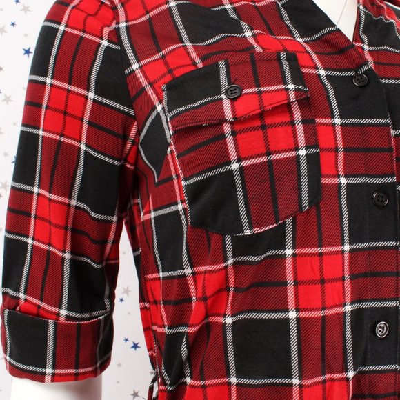 Half Sleeve Plaid Shirt Dress with Belt Red Black - Picture 2 of 8